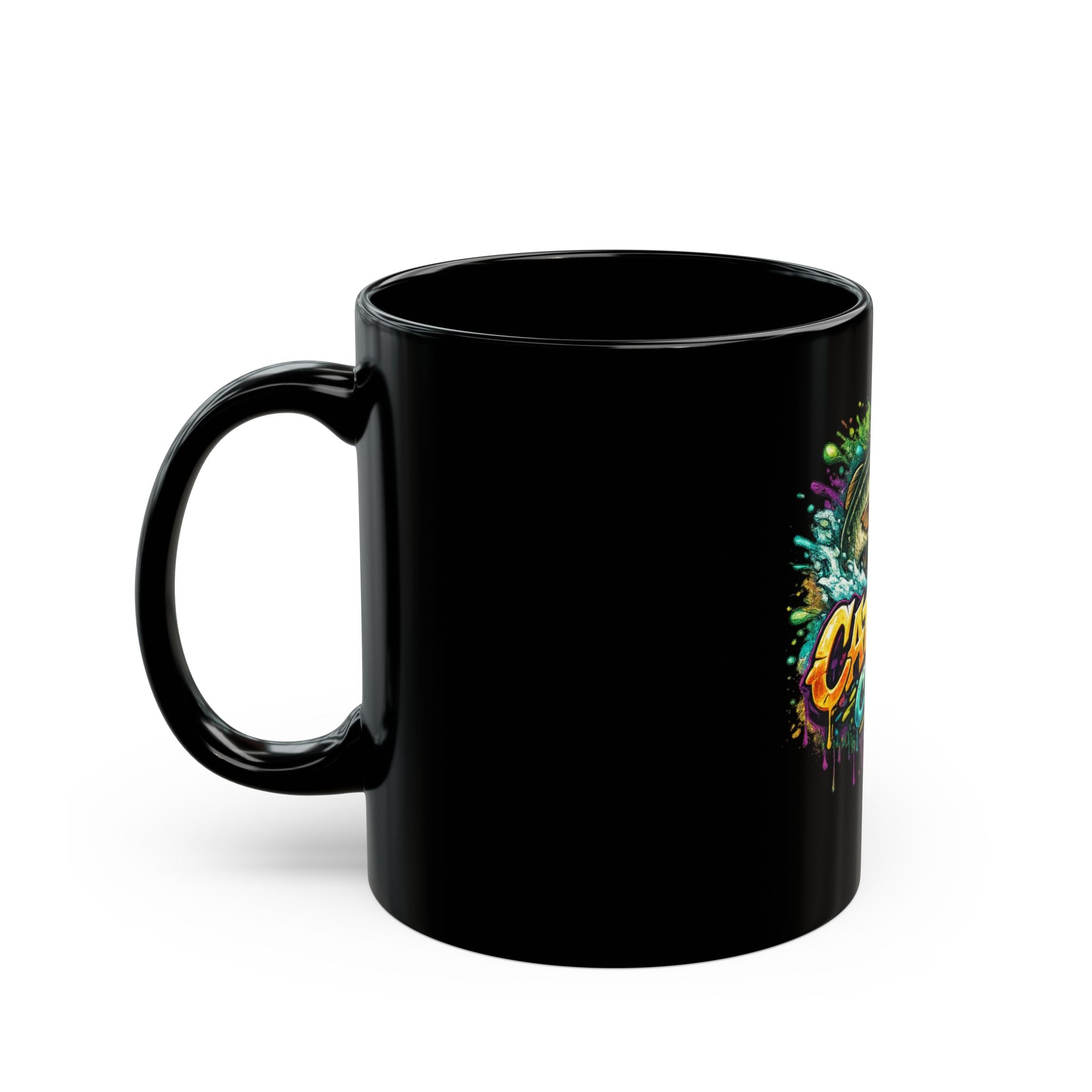 Bassfish Crew Graphic Black Mug – Colorful Angler Fish Design (11oz & 15oz)