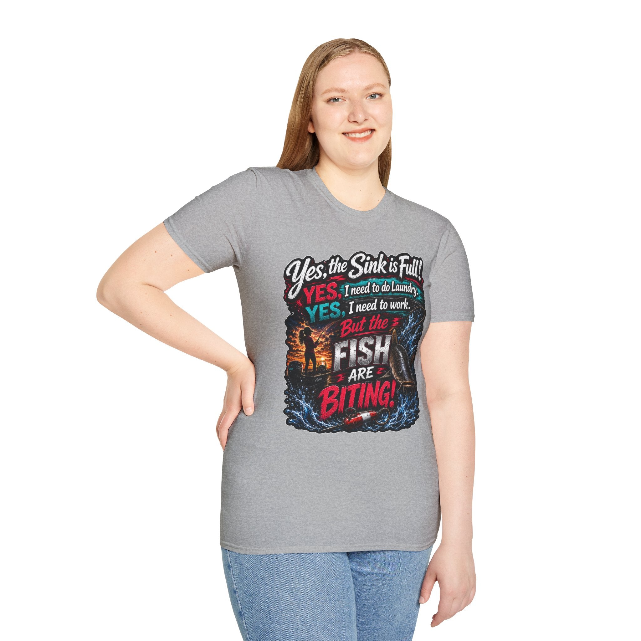 Fishing Humor T-Shirt — “Yes, the Sink is Full! But the Fish Are Biting”
