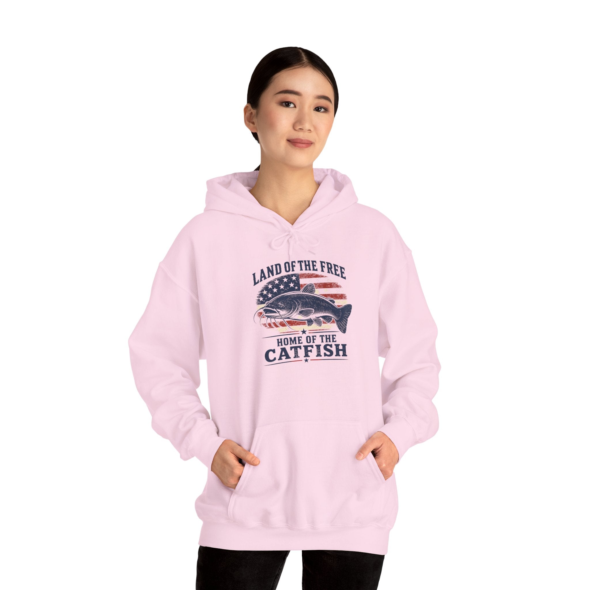 Patriotic "Land of the Free, Home of the Catfish" Hoodie – American Flag Catfish Fishing Sweatshirt