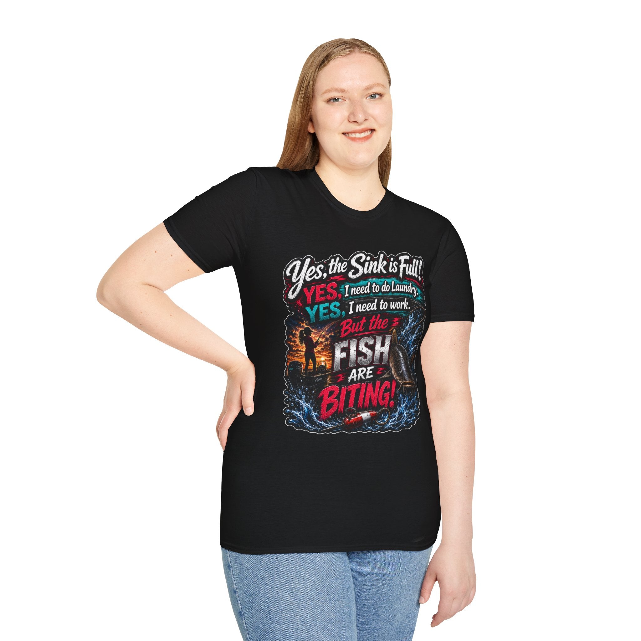 Fishing Humor T-Shirt — “Yes, the Sink is Full! But the Fish Are Biting”