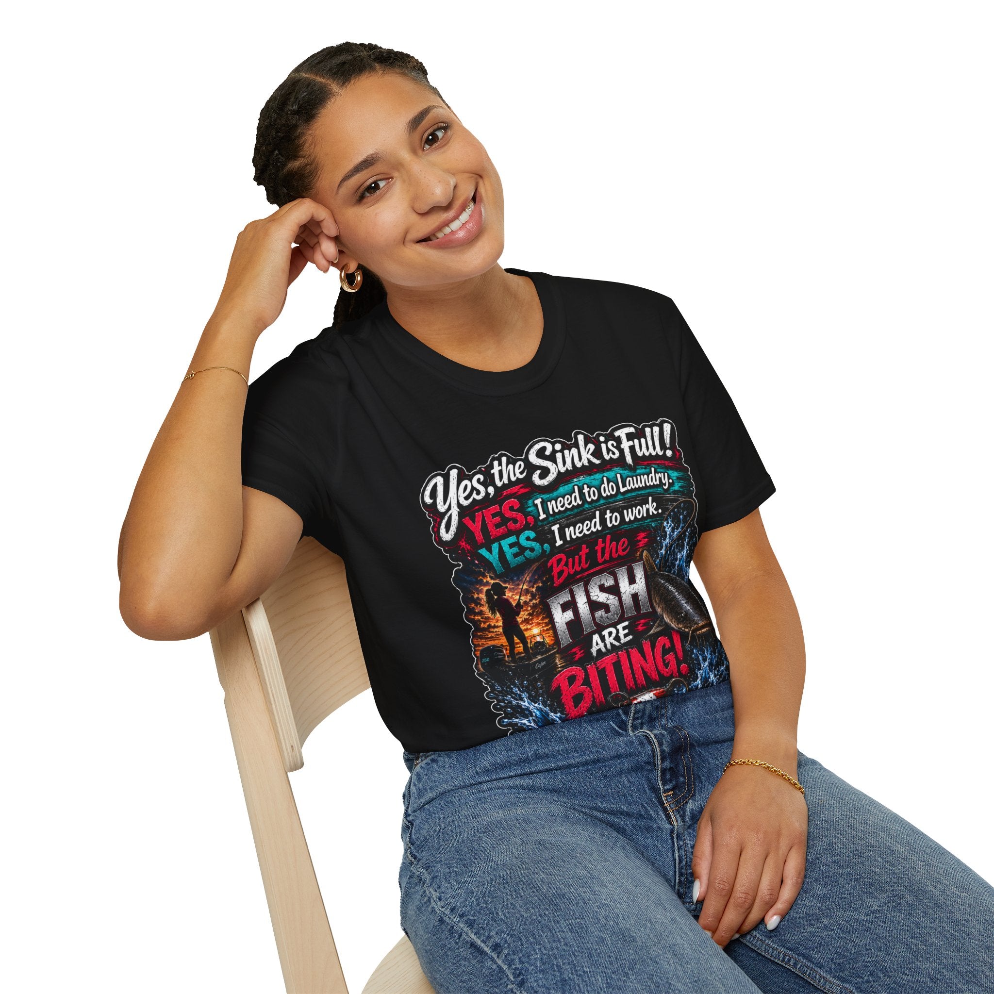 Fishing Humor T-Shirt — “Yes, the Sink is Full! But the Fish Are Biting”