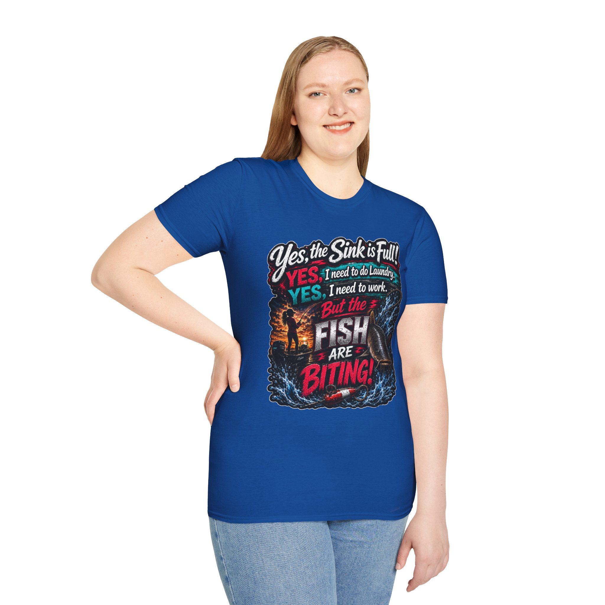 Fishing Humor T-Shirt — “Yes, the Sink is Full! But the Fish Are Biting”