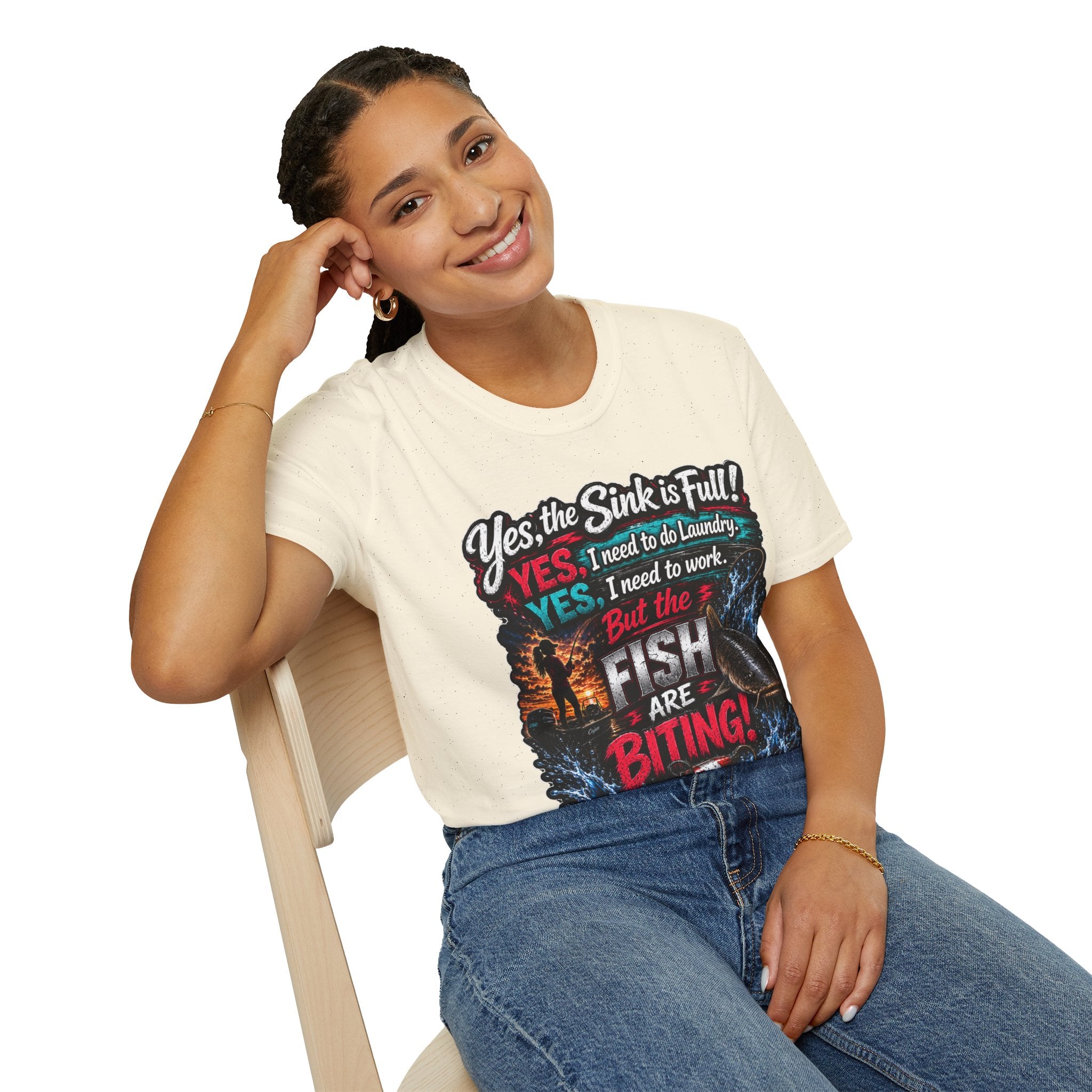 Fishing Humor T-Shirt — “Yes, the Sink is Full! But the Fish Are Biting”