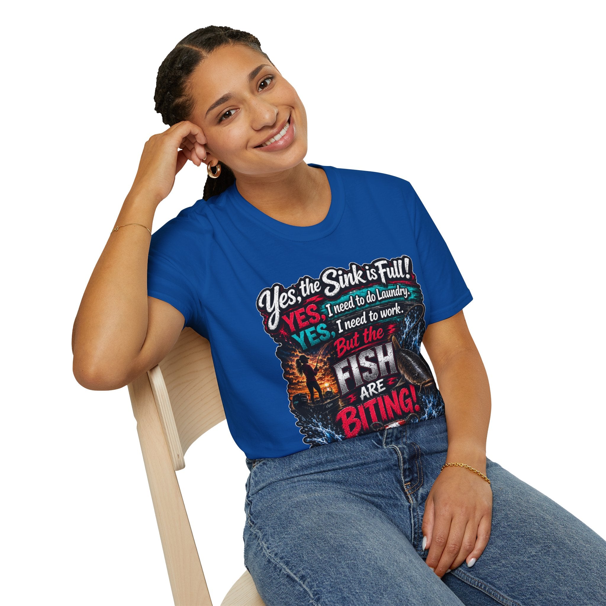 Fishing Humor T-Shirt — “Yes, the Sink is Full! But the Fish Are Biting”