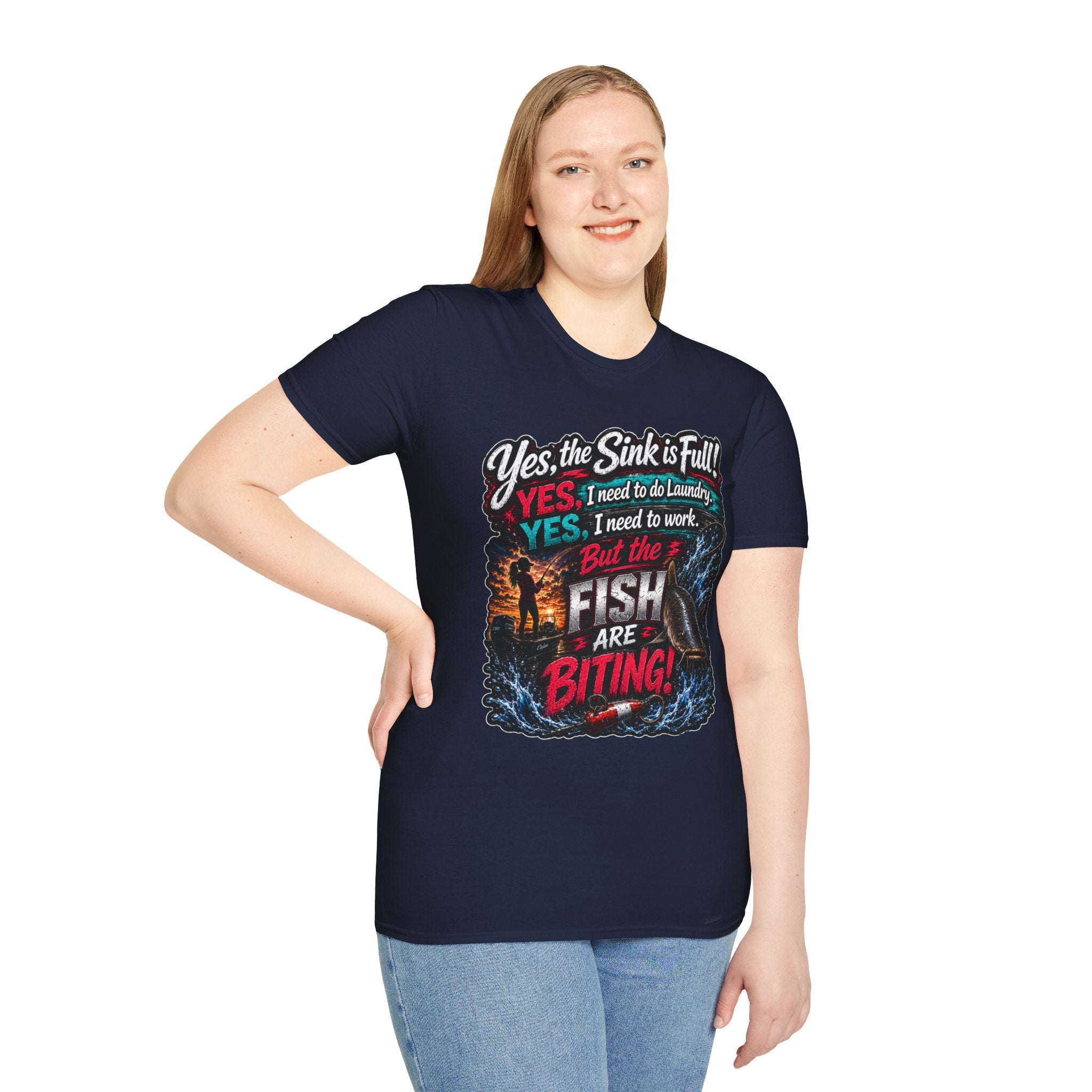 Fishing Humor T-Shirt — “Yes, the Sink is Full! But the Fish Are Biting”