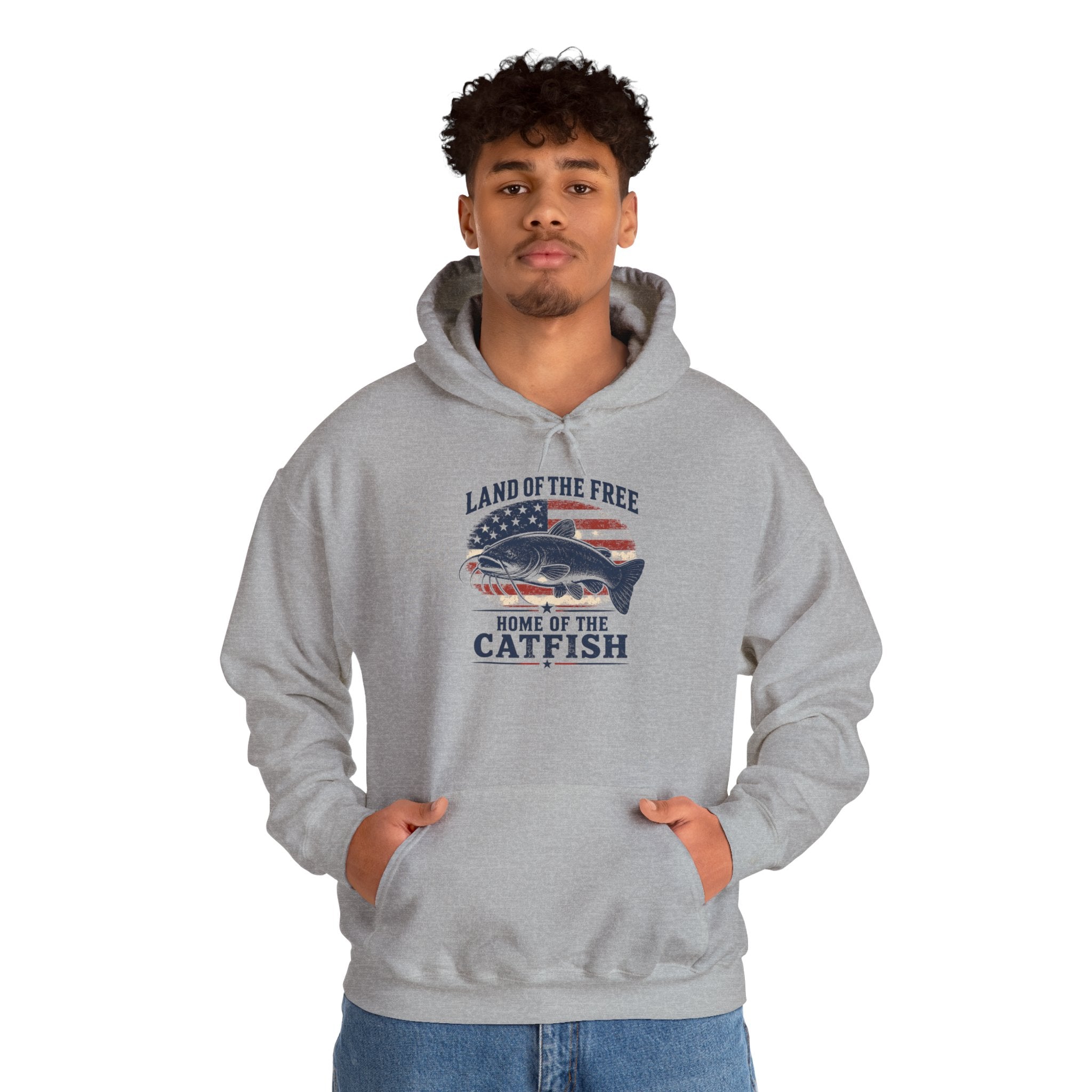 Patriotic "Land of the Free, Home of the Catfish" Hoodie – American Flag Catfish Fishing Sweatshirt