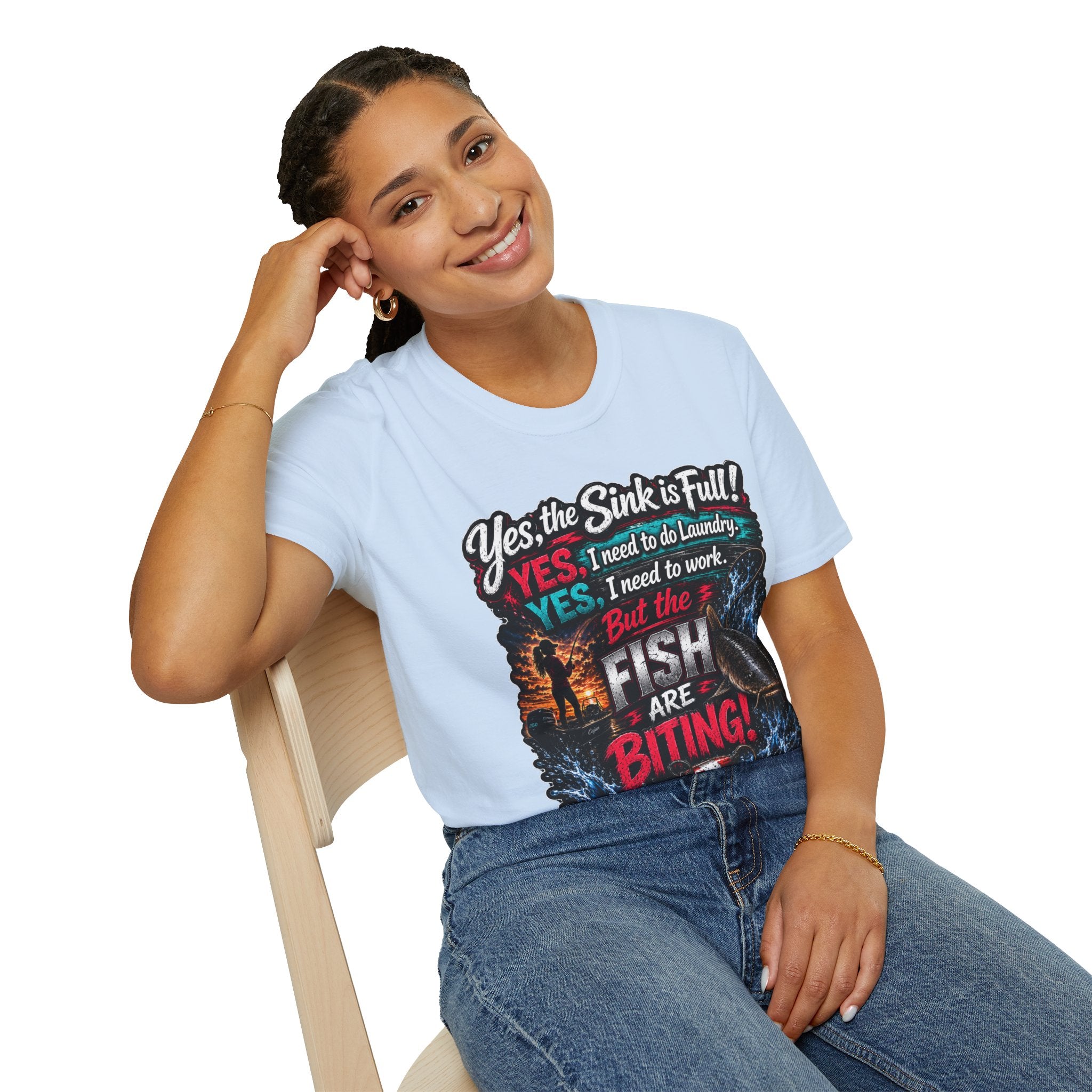 Fishing Humor T-Shirt — “Yes, the Sink is Full! But the Fish Are Biting”