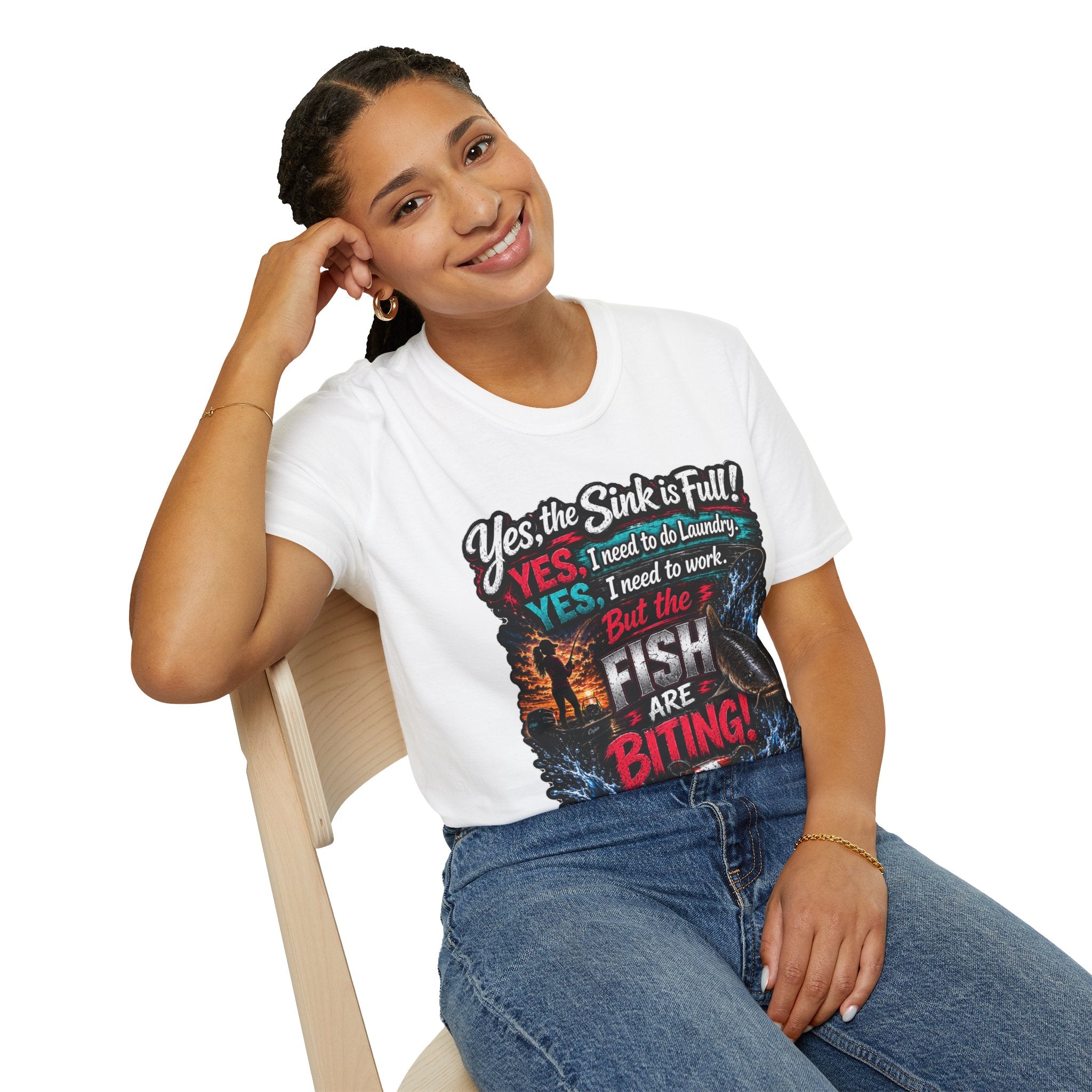 Fishing Humor T-Shirt — “Yes, the Sink is Full! But the Fish Are Biting”