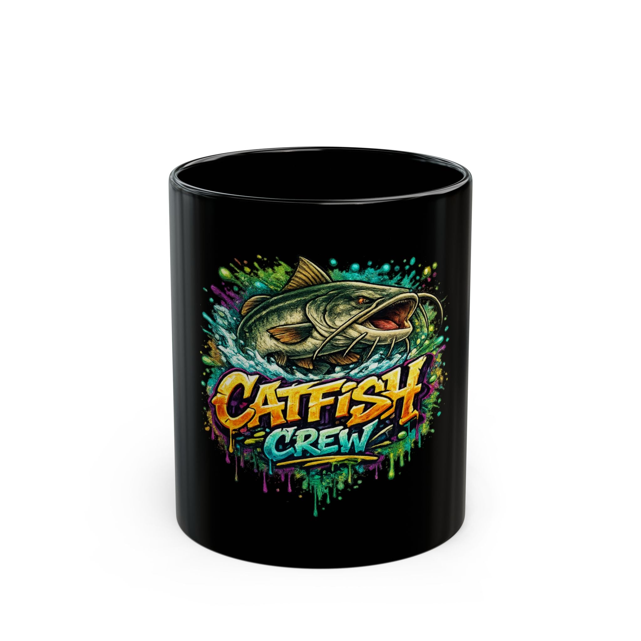 Bassfish Crew Graphic Black Mug – Colorful Angler Fish Design (11oz & 15oz)