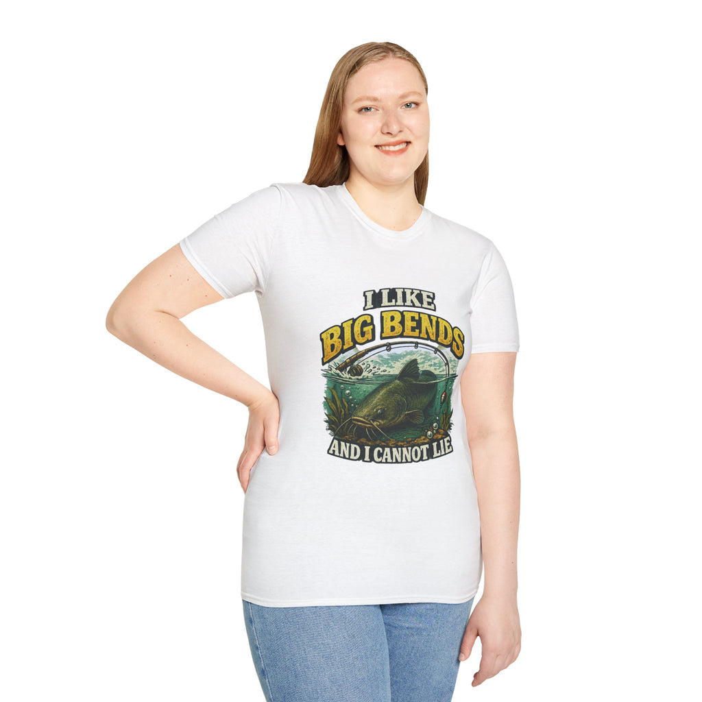 I Like Big Bends Fishing T-Shirt — Bass Humor Tee (I Like Big Bends and I Cannot Lie)