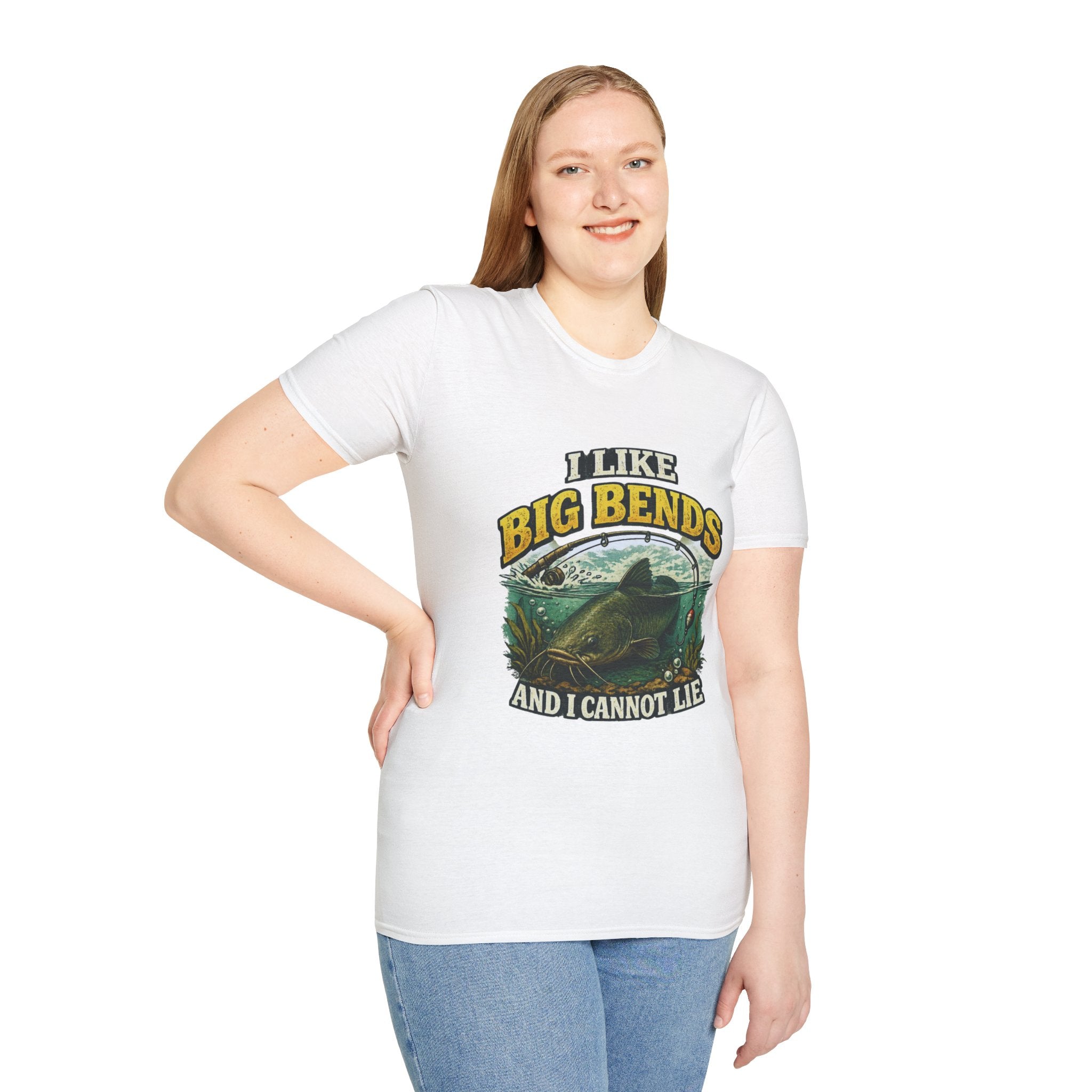I Like Big Bends Fishing T-Shirt — Bass Humor Tee (I Like Big Bends and I Cannot Lie)