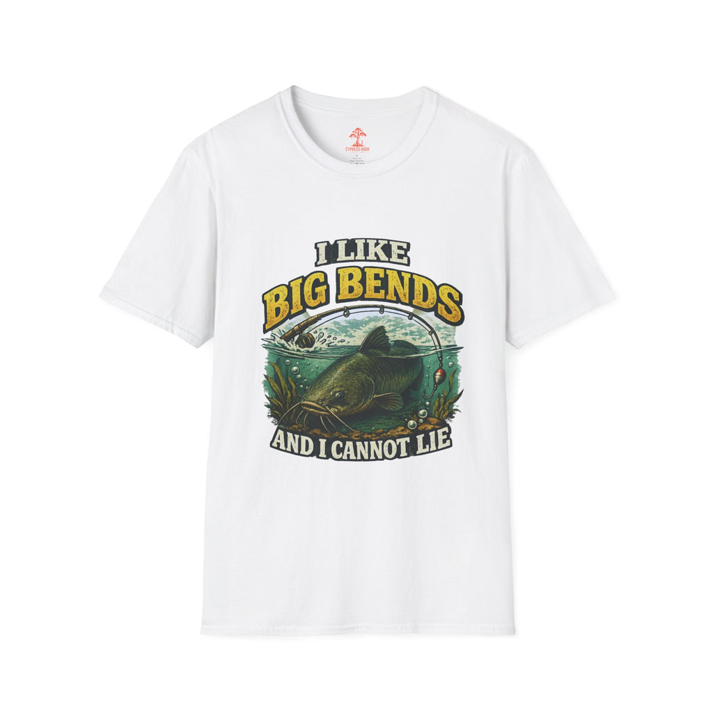 I Like Big Bends Fishing T-Shirt — Bass Humor Tee (I Like Big Bends and I Cannot Lie)