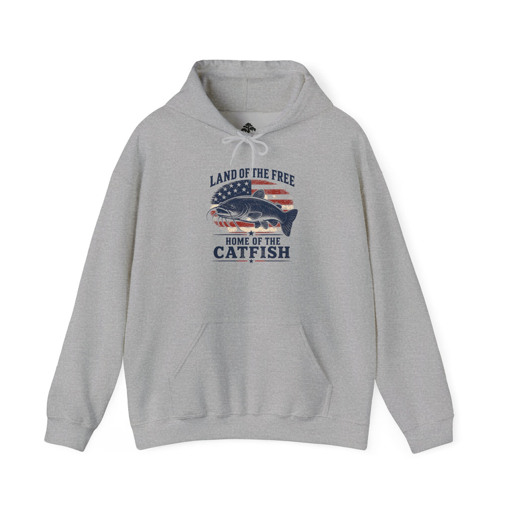 Patriotic "Land of the Free, Home of the Catfish" Hoodie – American Flag Catfish Fishing Sweatshirt