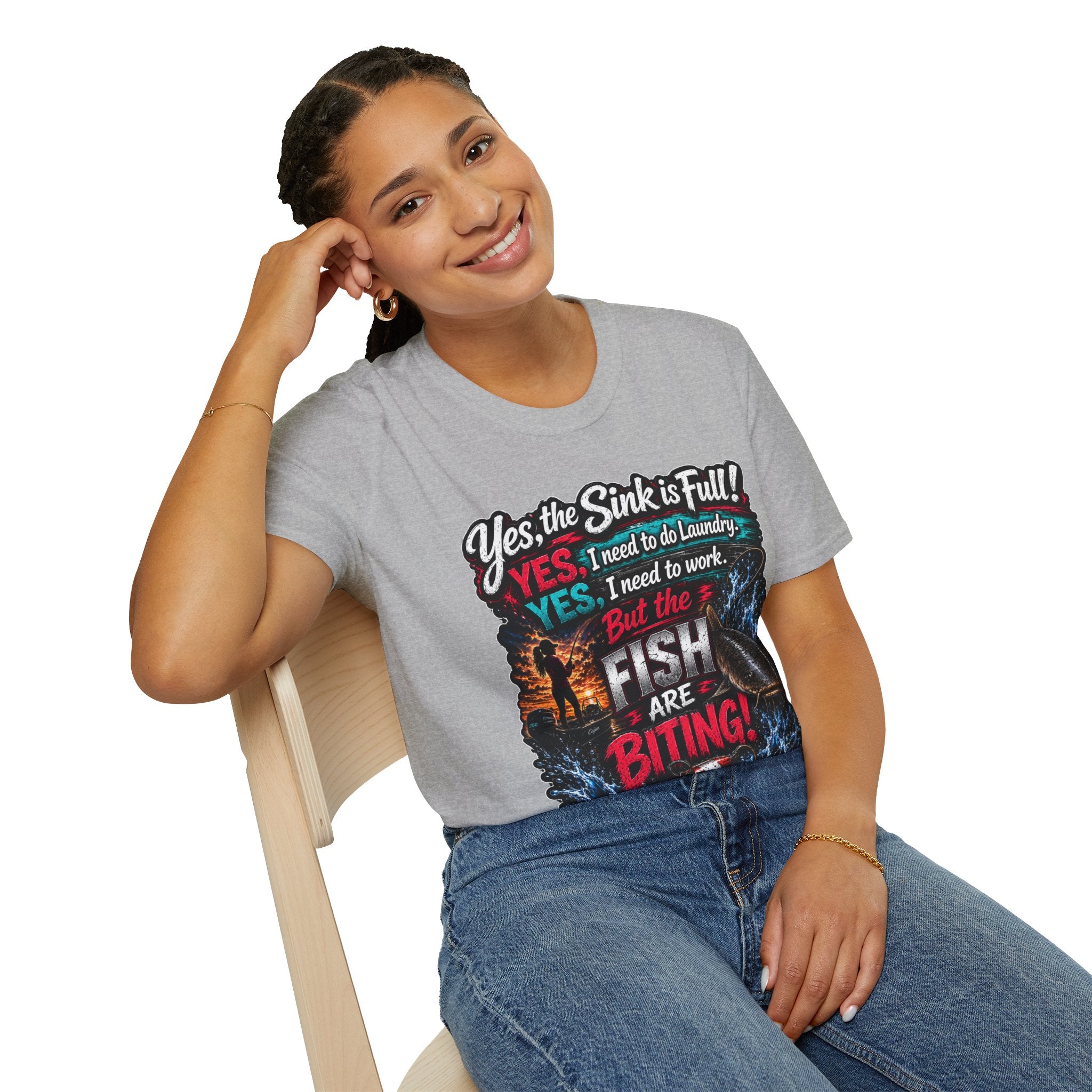 Fishing Humor T-Shirt — “Yes, the Sink is Full! But the Fish Are Biting”