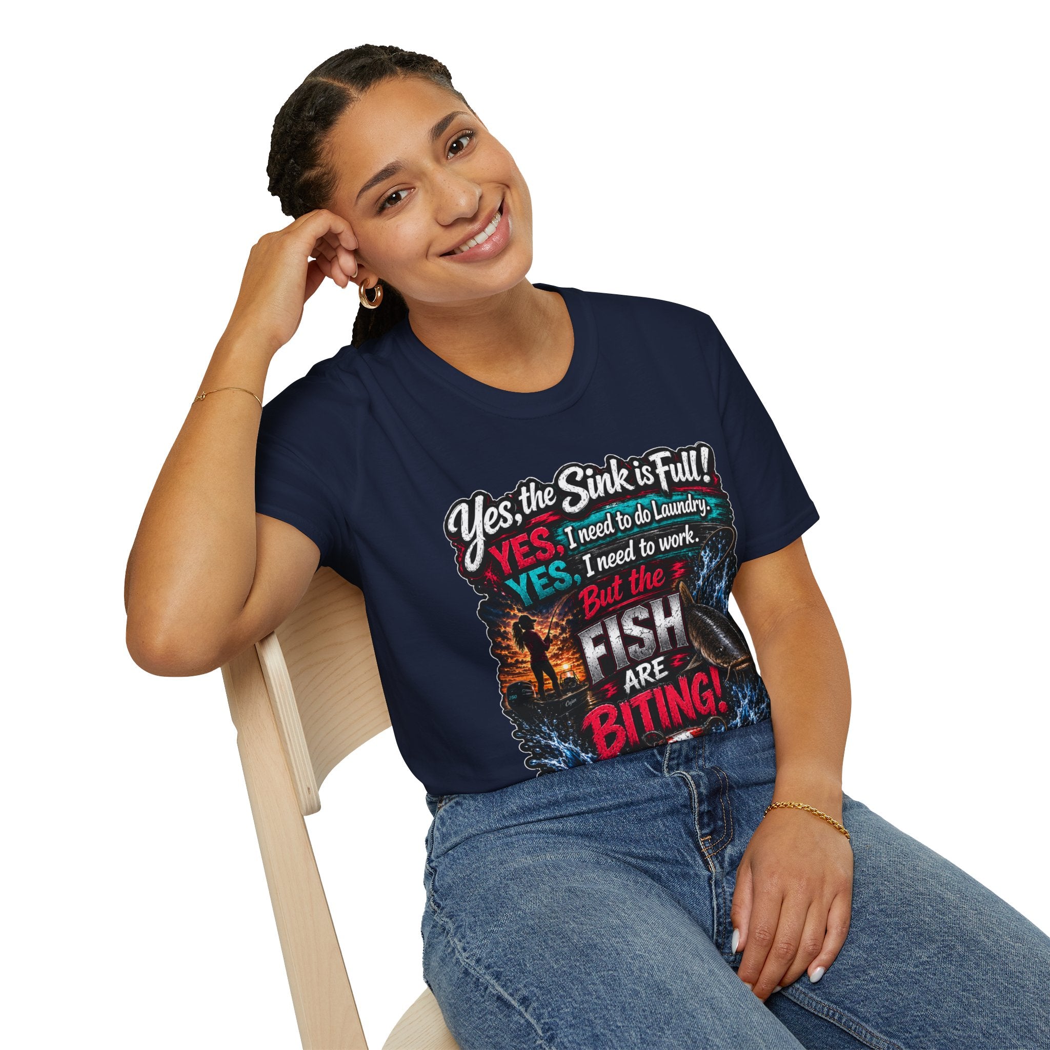 Fishing Humor T-Shirt — “Yes, the Sink is Full! But the Fish Are Biting”