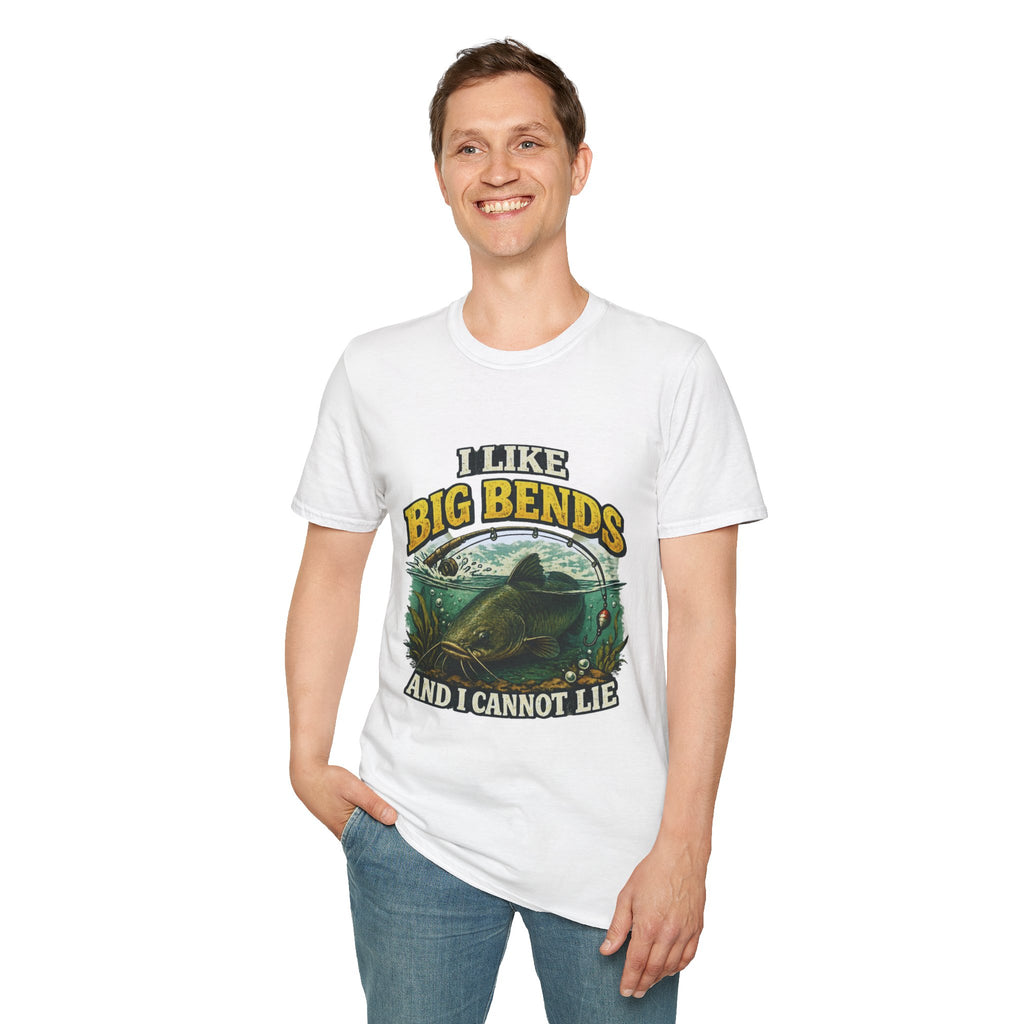 I Like Big Bends Fishing T-Shirt — Bass Humor Tee (I Like Big Bends and I Cannot Lie)