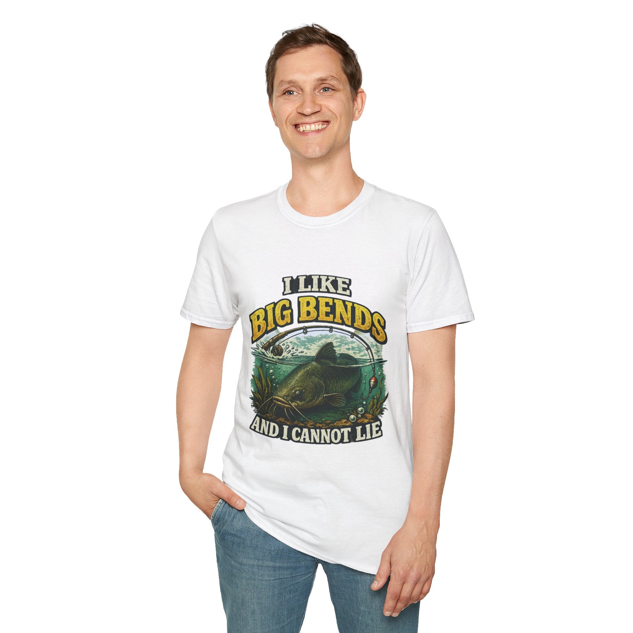 I Like Big Bends Fishing T-Shirt — Bass Humor Tee (I Like Big Bends and I Cannot Lie)