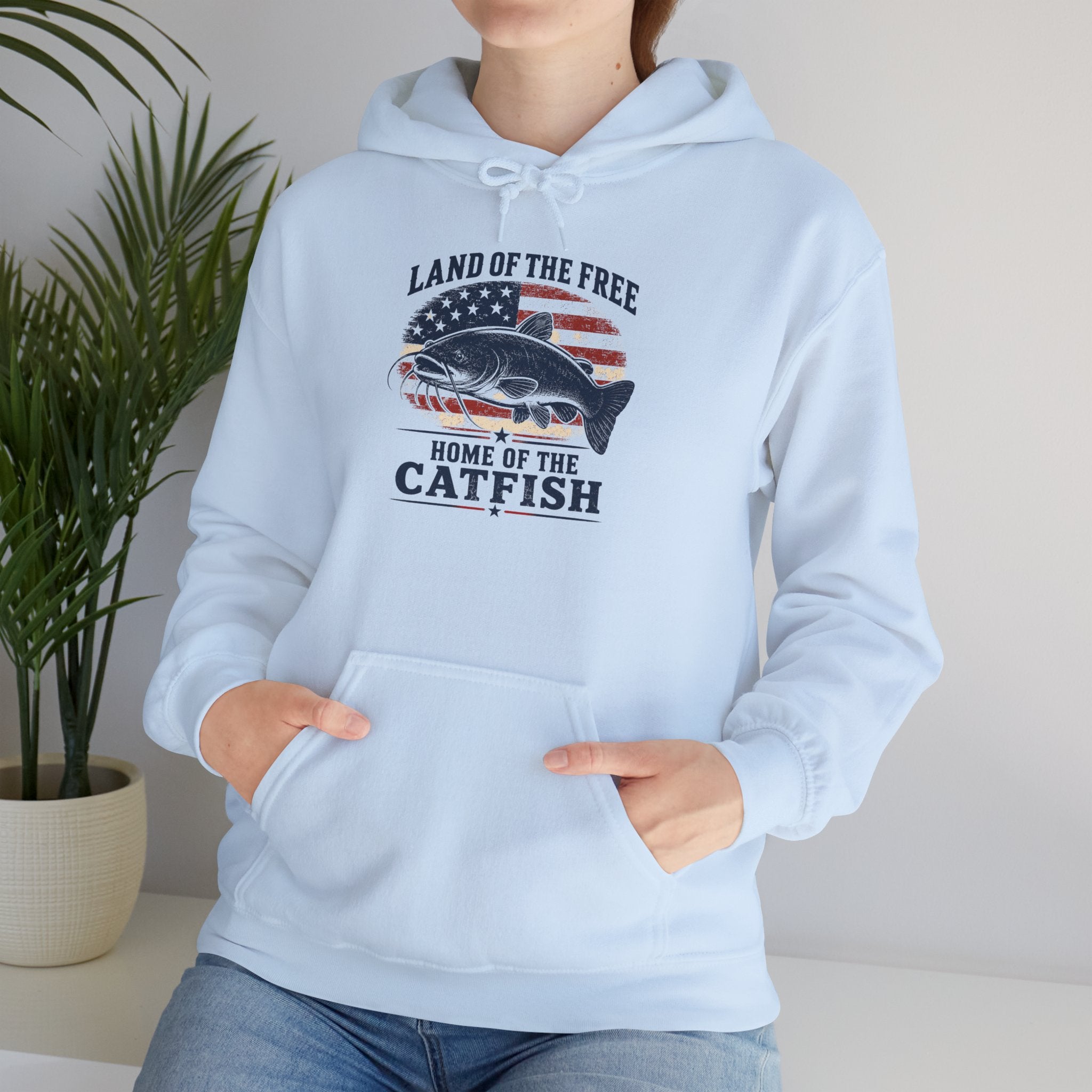 Patriotic "Land of the Free, Home of the Catfish" Hoodie – American Flag Catfish Fishing Sweatshirt