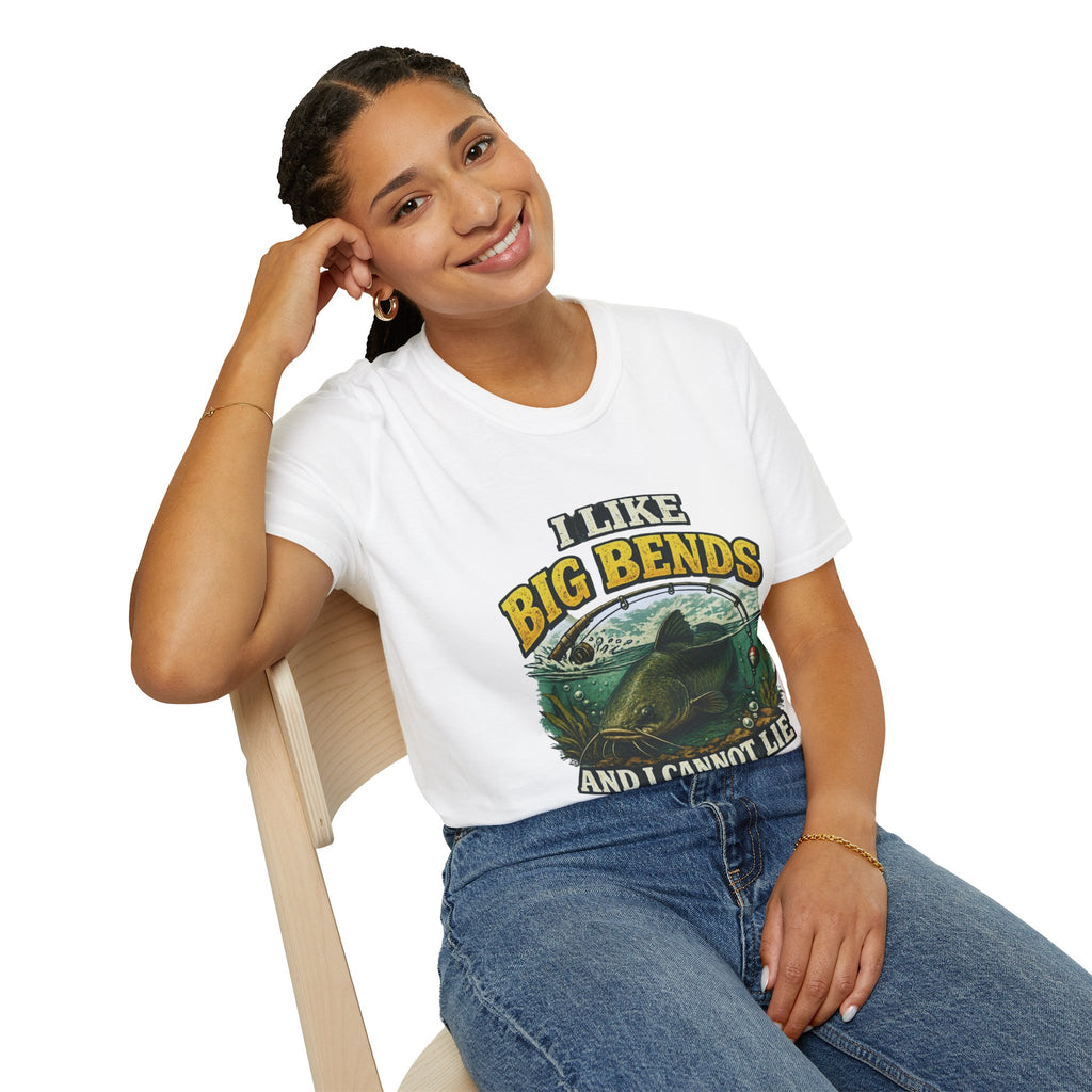 I Like Big Bends Fishing T-Shirt — Bass Humor Tee (I Like Big Bends and I Cannot Lie)