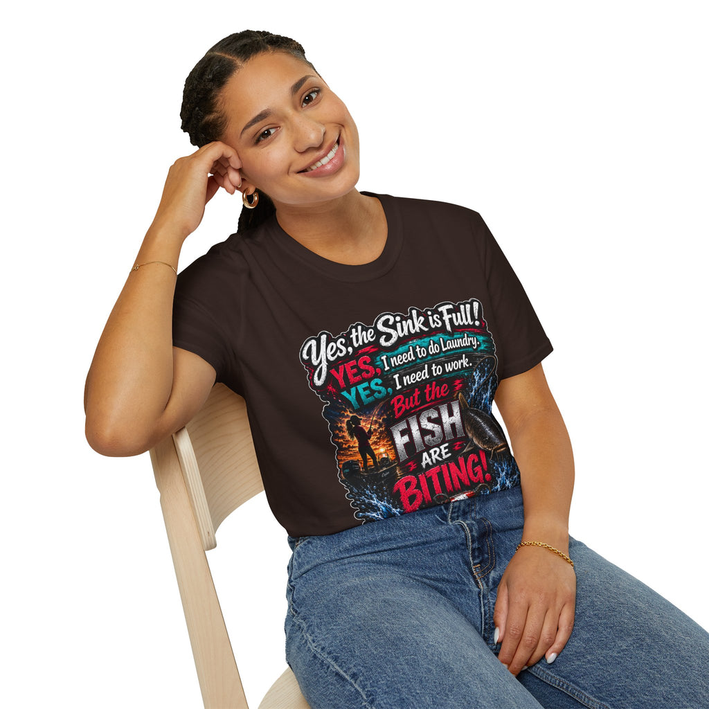 Fishing Humor T-Shirt — “Yes, the Sink is Full! But the Fish Are Biting”